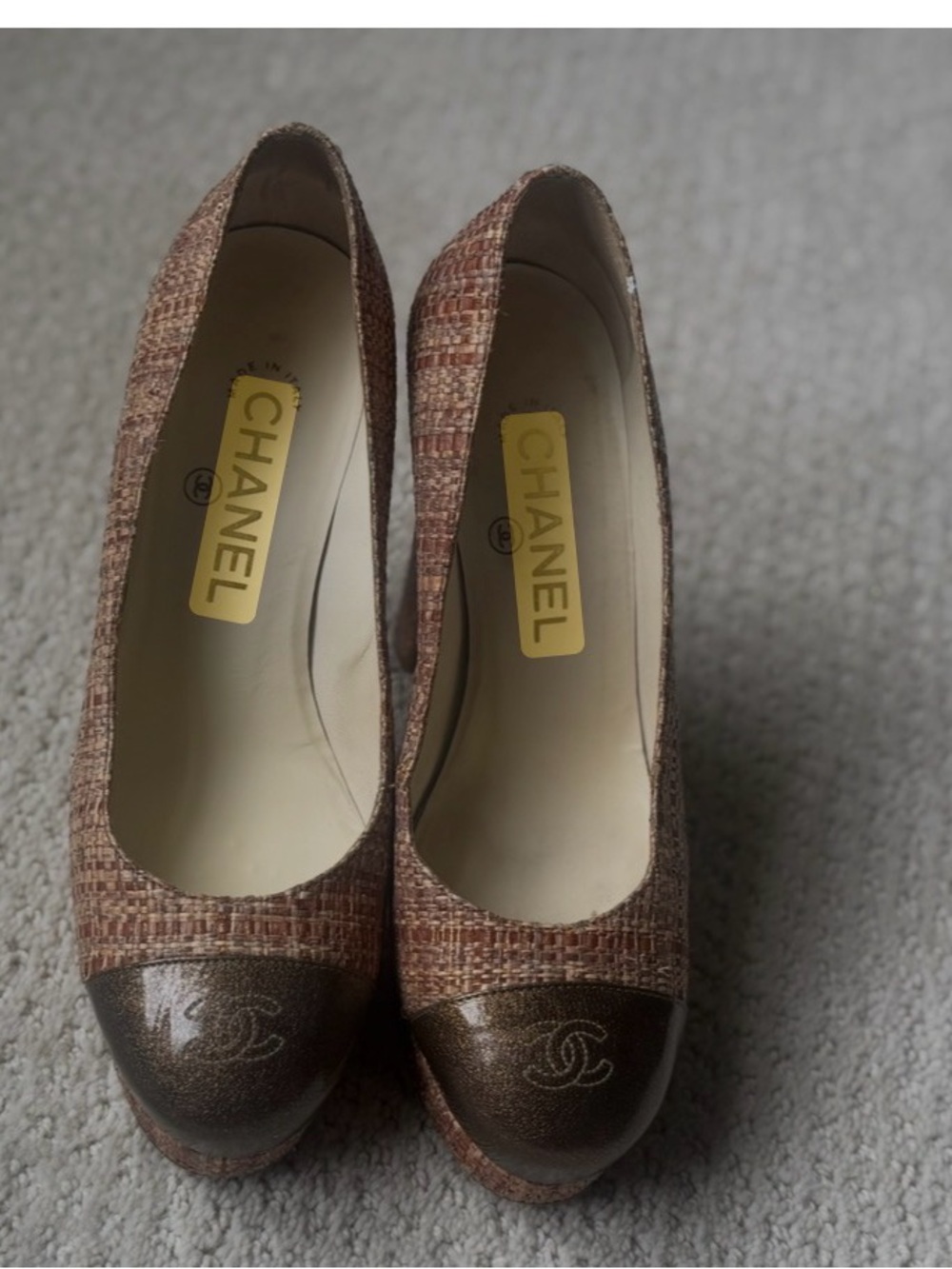 Chanel Woven Two-Tone Platform High Heel Pumps in Brown and Black